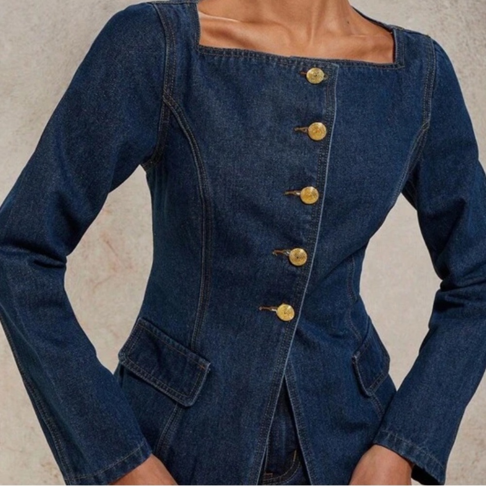 Dark Blue Denim Women's Jeans Button Up Top